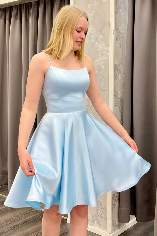 Blue Satin Short Prom Dress, A-Line Backless Evening Party Dress