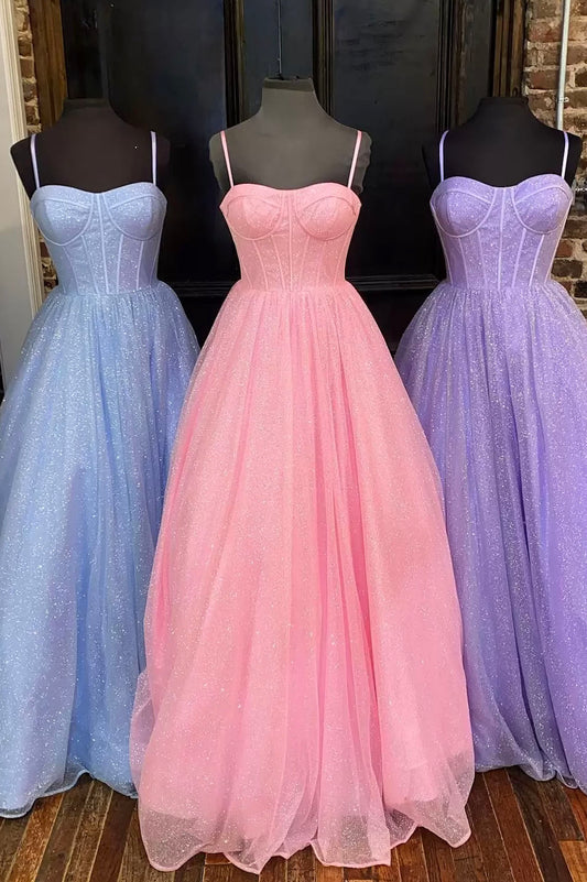 Cute Spaghetti Strap Sparkling Tulle Long Prom Dress, A-Line Beautiful Evening Dress