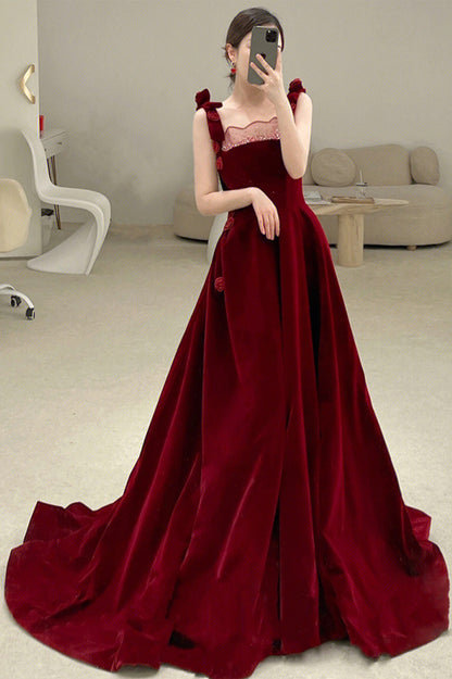 Burgundy velvet long prom dress A-line evening dress