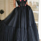 Black Spaghetti Strap Tulle Lace Long Prom Dress, Black Evening Dress