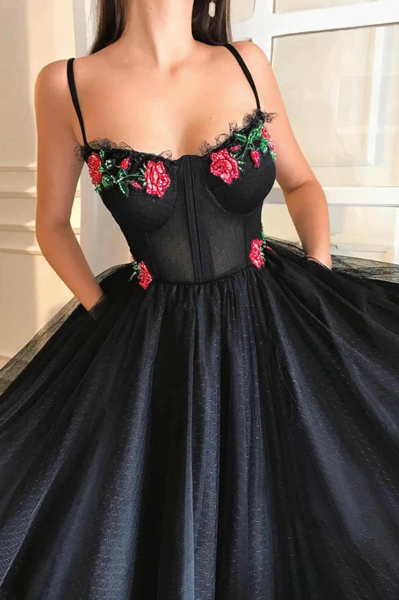 Black Spaghetti Strap Tulle Lace Long Prom Dress, Black Evening Dress