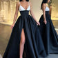 Balck satin long prom dress A line evening dress