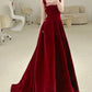 Burgundy velvet long prom dress A-line evening dress