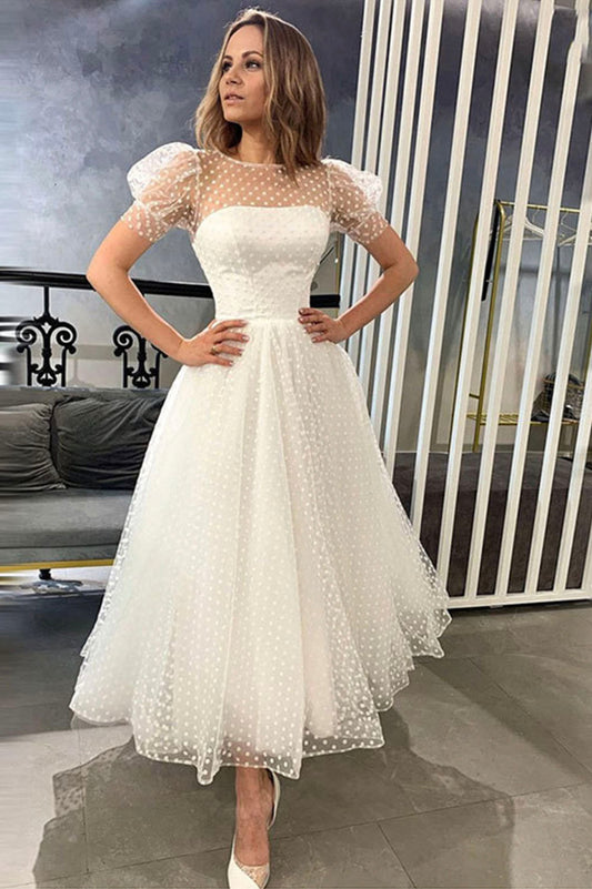 White Tulle Short A-Line Prom Dress, Cute Short Sleeve Evening Party Dress
