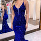 Blue V-Neck Sequins Long Prom Dress, Mermaid Evening Dress