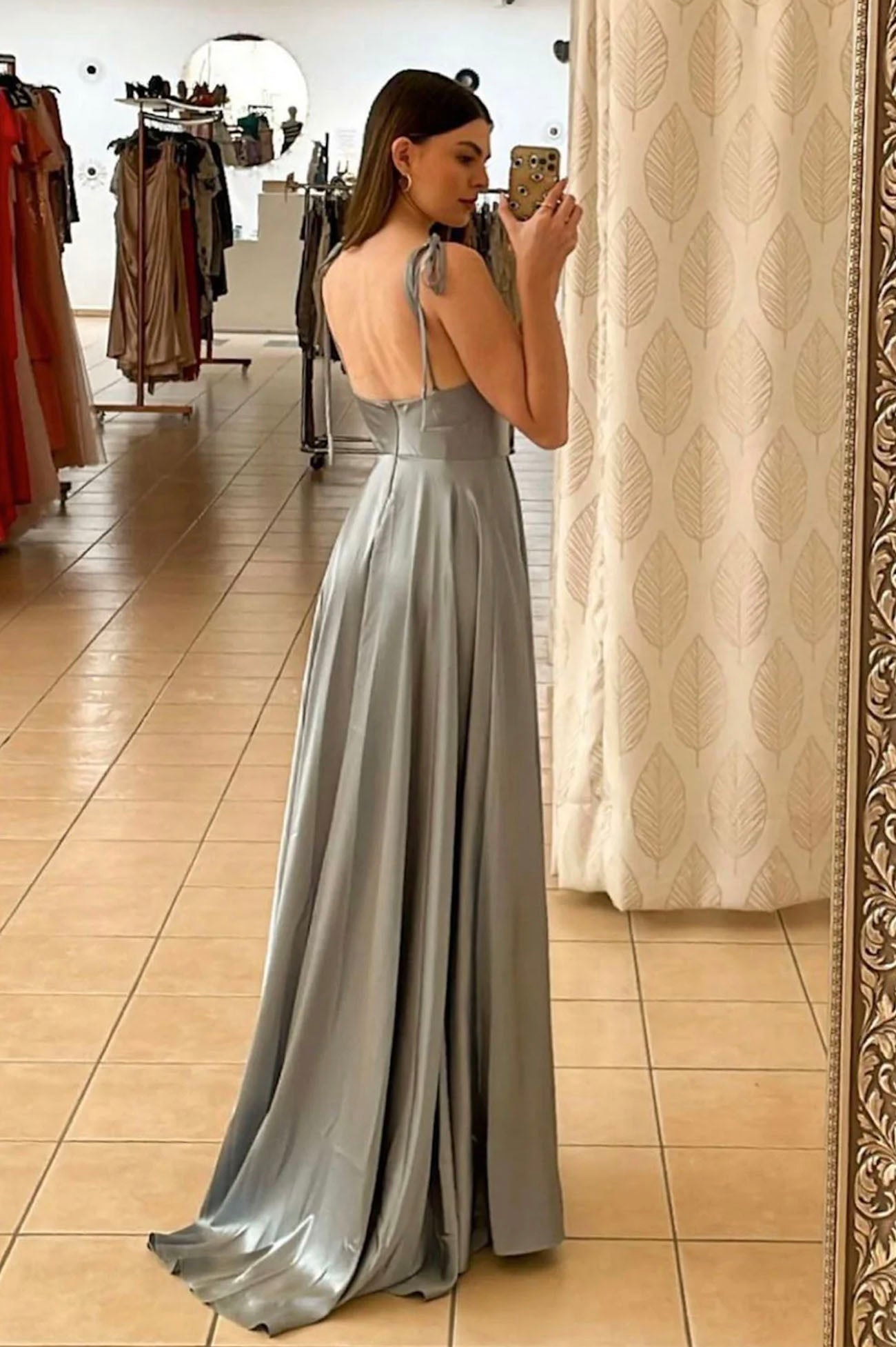 Simple satin long prom dress A-line evening dress