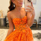 Orange Strapless Tulle Long Prom Dress with Lace, A-Line Evening Dress