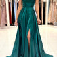 Green Satin Long Prom Dress, Simple A-Line Evening Dress with Slit