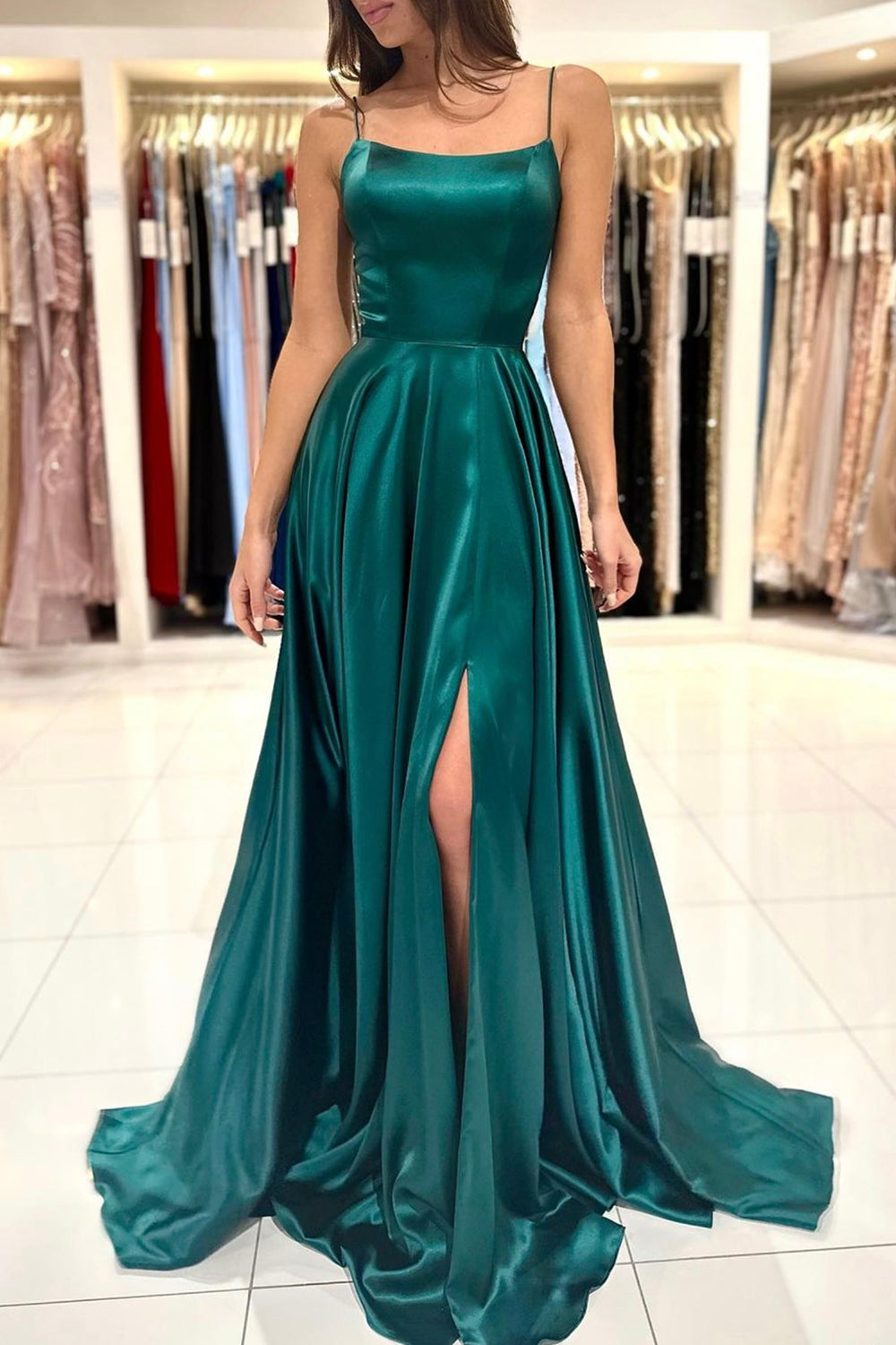 Green Satin Long Prom Dress, Simple A-Line Evening Dress with Slit