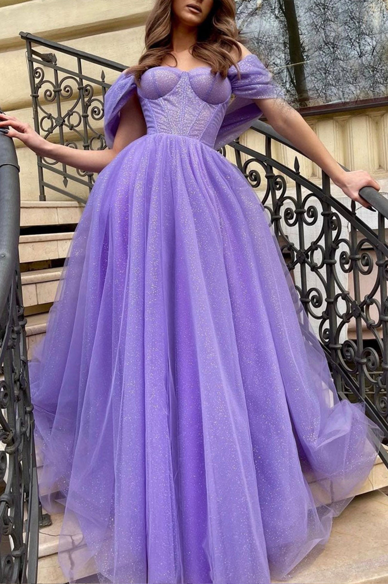 Purple Tulle Off the Shoulder Evening Dress