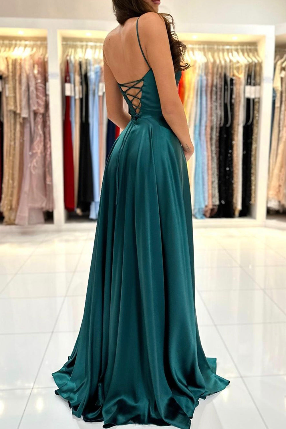 Green Satin Long Prom Dress, Simple A-Line Evening Dress with Slit