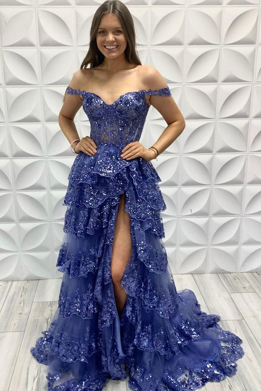 Blue Tulle Lace Long Prom Dress, Off Shoulder Evening Party Dress