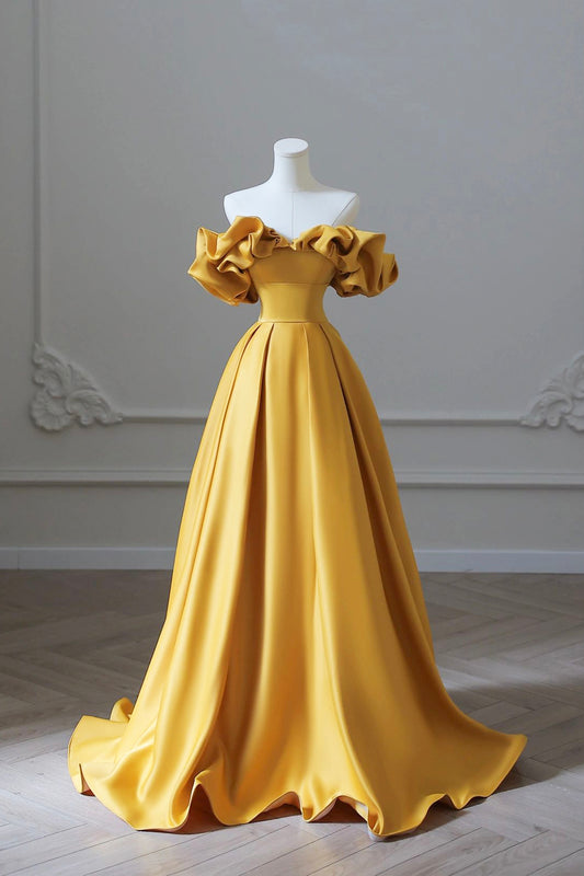 Yellow Satin Long Prom Dress, Off Shoulder Evening Party Dress