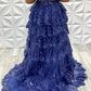 Blue Tulle Lace Long Prom Dress, Off Shoulder Evening Party Dress