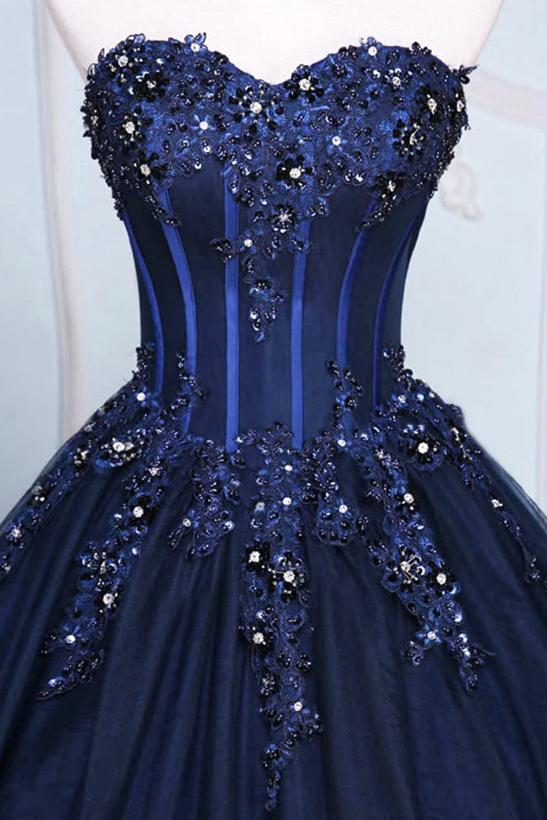 Dark Blue Tulle Lace Princess Dress, Beautiful Strapless Long Prom Dress