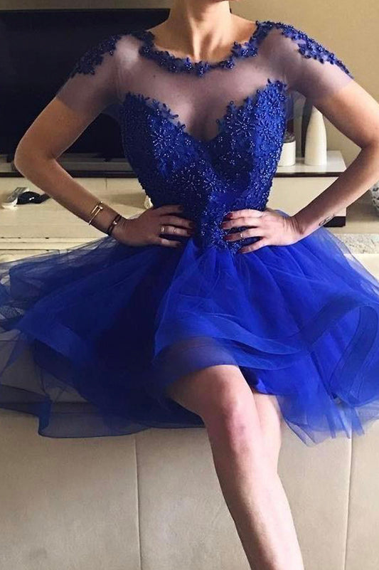 Blue tulle beaded short prom dress homecoming dress