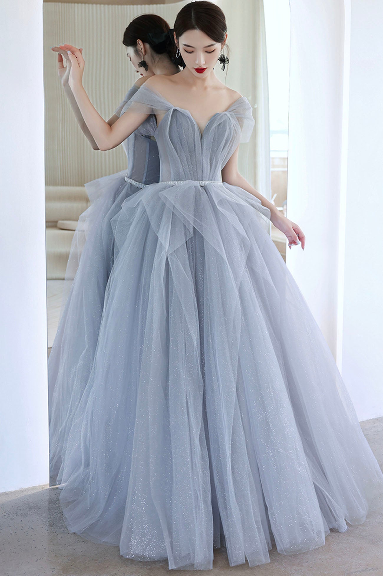 Dusty Blue Tulle Long Prom Dress