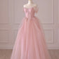 Pink Tulle Lace Long Prom Dress, Beautiful Off Shoulder Evening Dress