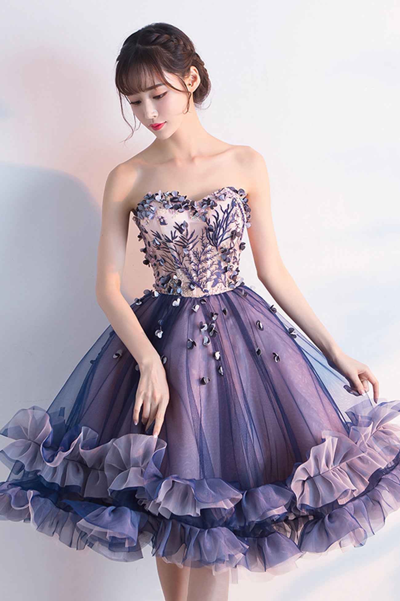 Purple Strapless Tulle Short A-Line Prom Dress
