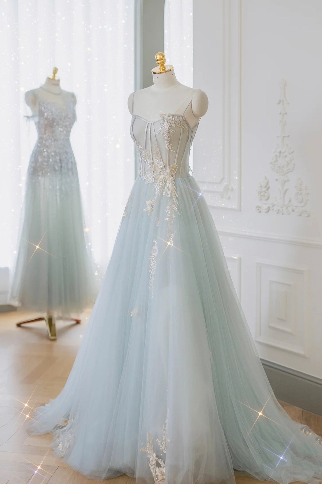 Blue tulle lace long prom dress evening dress