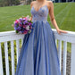 Blue Spaghetti Strap V-Neck Lace Floor Length Prom Dress