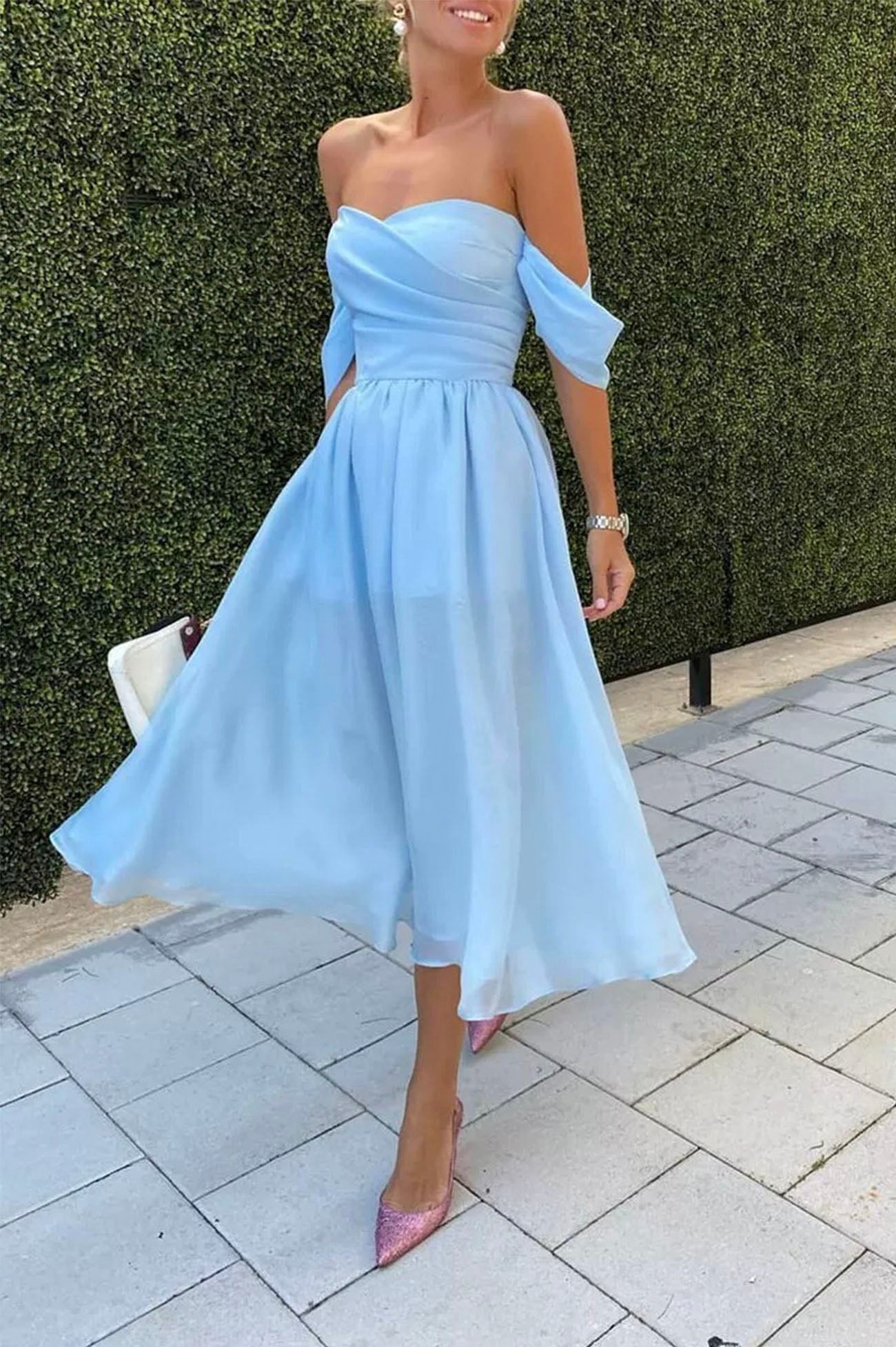 Blue Chiffon Short Prom Dress, A-Line Off the Shoulder Evening Dress
