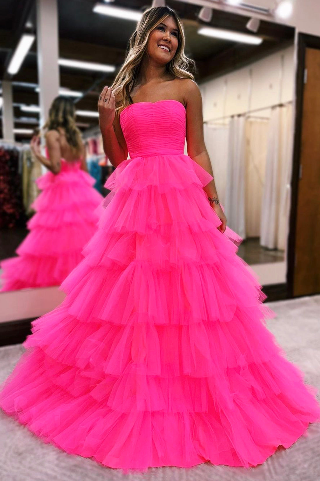 Hot Pink Strapless Tulle Long Prom Dress, Cute A-Line Evening Dress