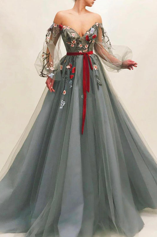 Gray tulle lace long prom dress A line evening dress