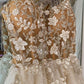 Champagne Spaghetti Strap Chiffon Lace Long Prom Dress