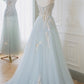 Blue tulle lace long prom dress evening dress