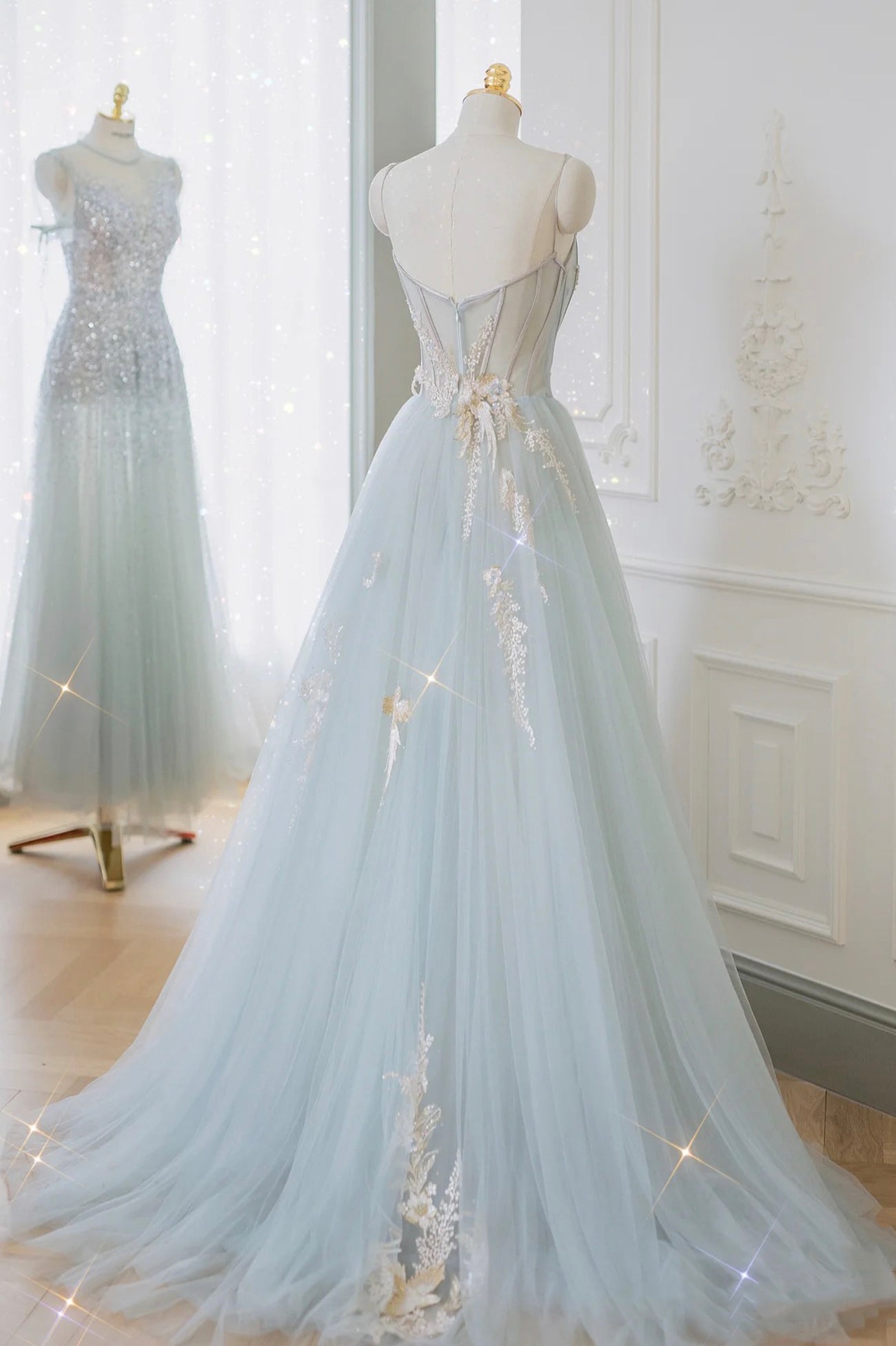 Blue Strapless Tulle Long Prom Dress, Lovely A-Line Graduation Dress