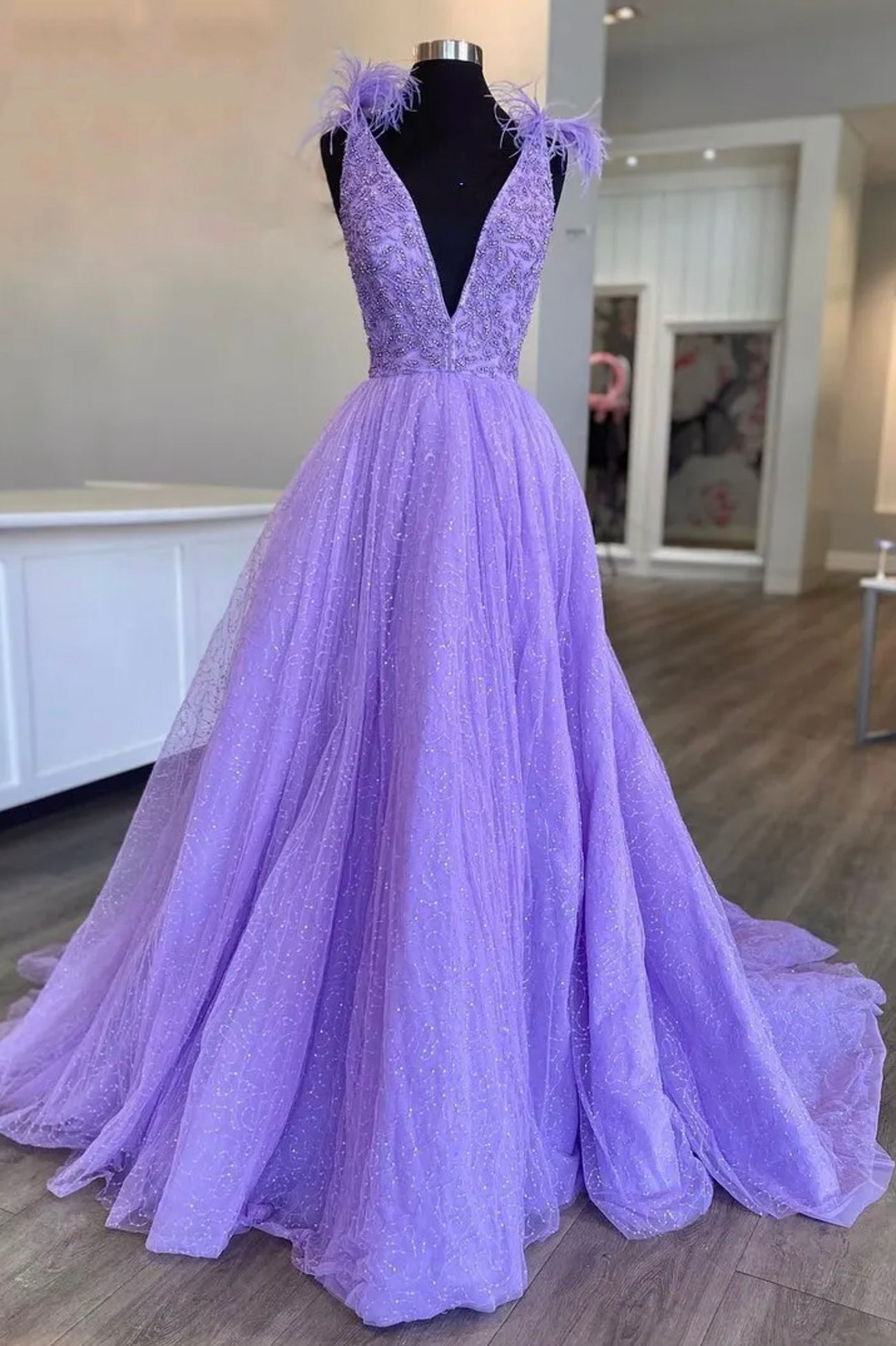 Purple V-Neck Tulle Beaded Long Prom Dress