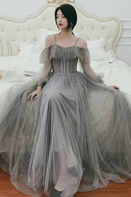 Gray tulle sequins long prom dress evening dress