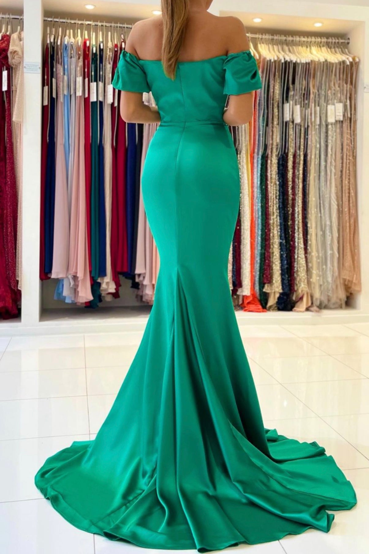Green Satin Long Prom Dress, Mermaid Off the Shoulder Evening Dress
