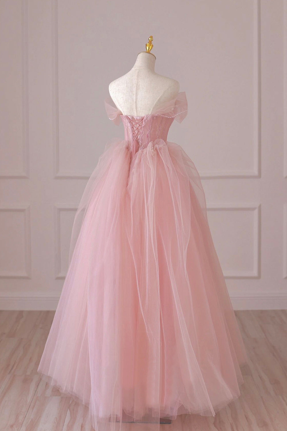 Pink Tulle Lace Long Prom Dress, Beautiful Off Shoulder Evening Dress