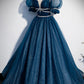 Stylish Tulle Sequins Long Prom Dress, A-Line Short Sleeve Evening Dress