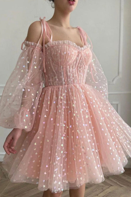 Pink Spaghetti Strap Tulle Short Prom Dress, A-line Long Sleeve Evening Dress