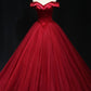 Burgundy Tulle Beaded Long Ball Gown, Off the Shoulder Evening Party Gown