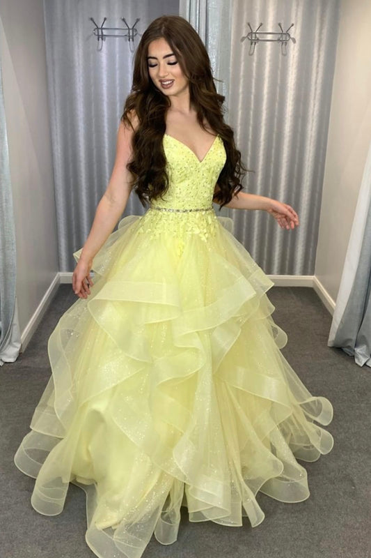 Yellow V-Neck Lace Long Prom Dress, Yellow Spaghetti Strap Evening Dress