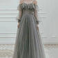 Gray Tulle Floor Length A-Line Prom Dress