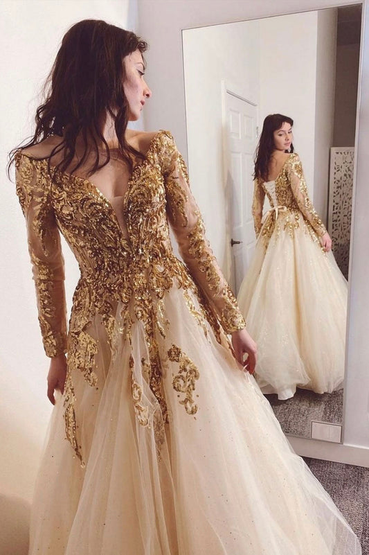 Gold Sequins V-Neck Floor Length Prom Dress, Long Sleeve A-line Evening Dress