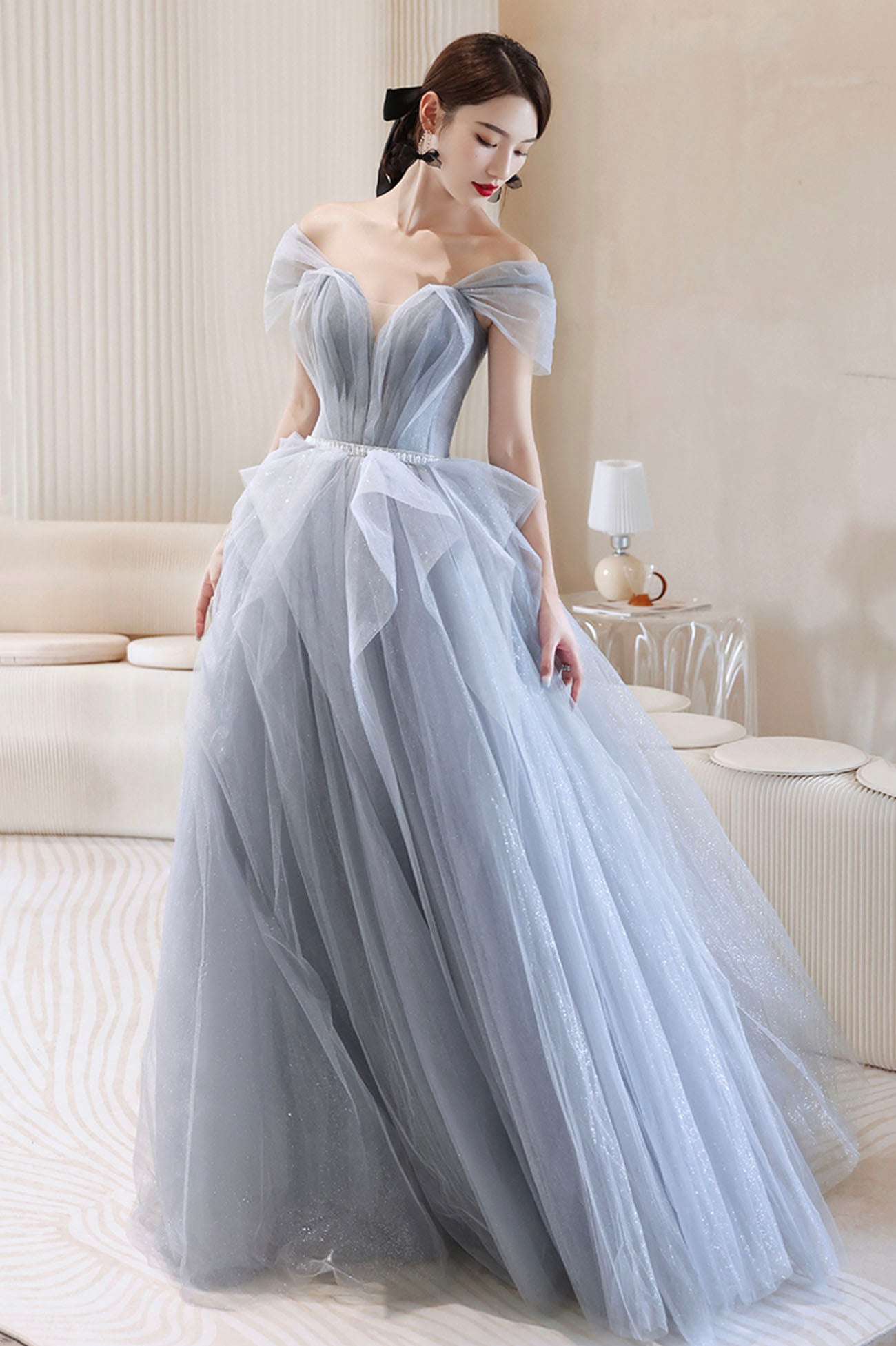 Dusty Blue Tulle Long Prom Dress