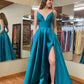 Blue Spaghetti Strap Satin Long Prom Dress, A-Line Lace Up Evening Dress