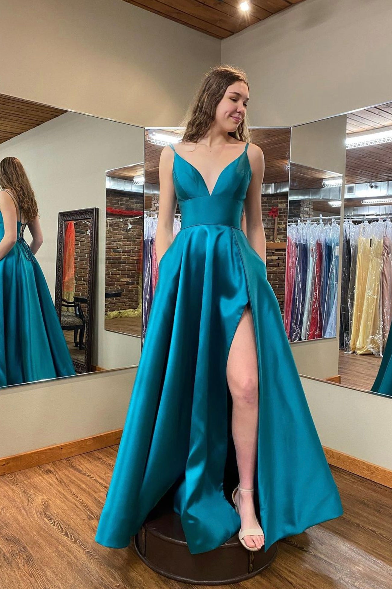 Blue Spaghetti Strap Satin Long Prom Dress, A-Line Lace Up Evening Dress