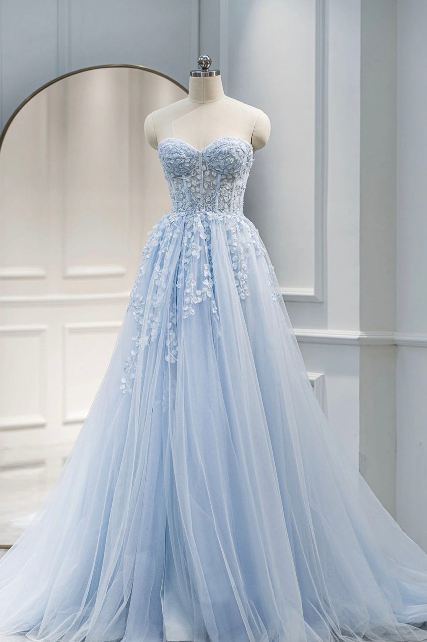 Blue Strapless Tulle Lace Long A-line Prom Dress