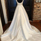 White Satin Long Prom Dress, A-Line Backless Evening Party Dress