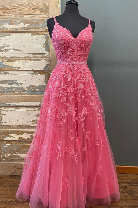 Pink Spaghetti Strap Lace Floor Length Prom Dress