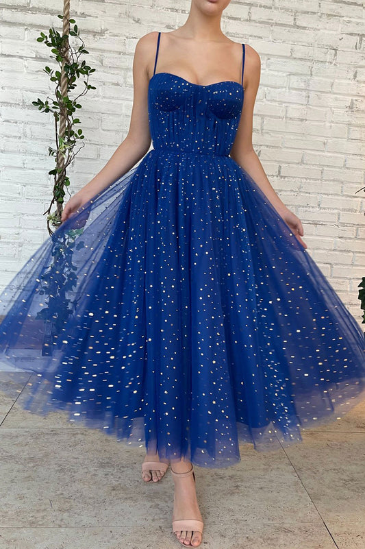 Blue Spaghetti Strap Tulle Short A-Line Prom Dress