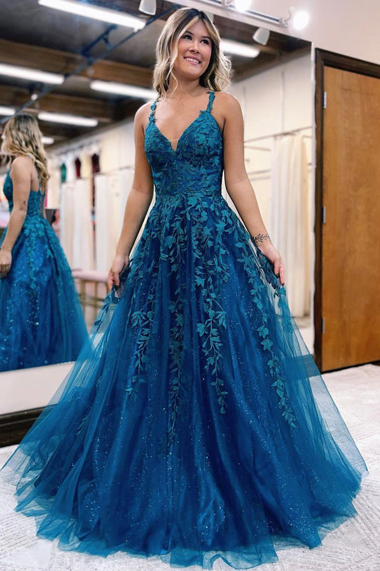 Blue V-Neck Lace Long Prom Dress, A-Line Formal Evening Dress