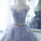 Blue Tulle Long A-Line Prom Dress with Lace